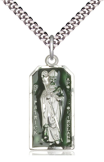 Sterling Silver Saint Patrick Pendant on a 24 inch Light Rhodium Heavy Curb chain