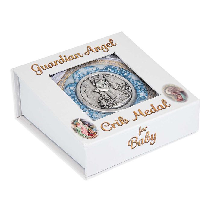 2 5/8&quot; Guardian Angel Crib Medal with Blue Shell Deco. Boxed