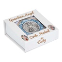 2 5/8&quot; Guardian Angel Crib Medal with Blue Shell Deco. Boxed