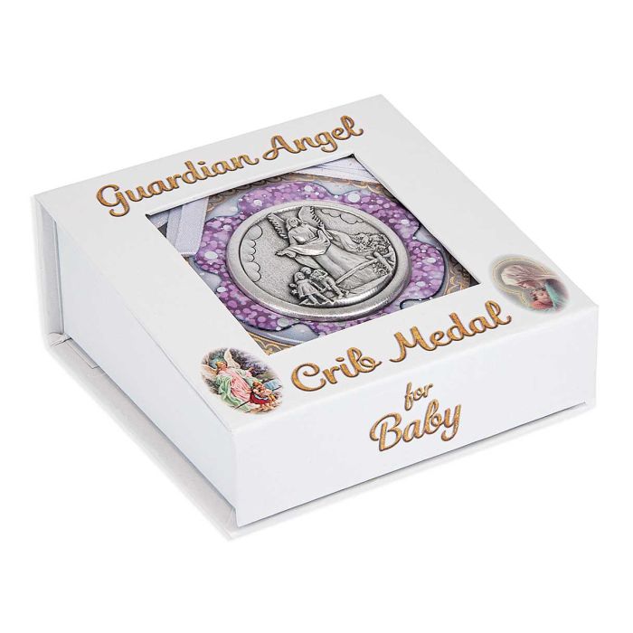 2 5/8&quot; Guardian Angel Crib Medal with Pink Shell Deco. Boxed