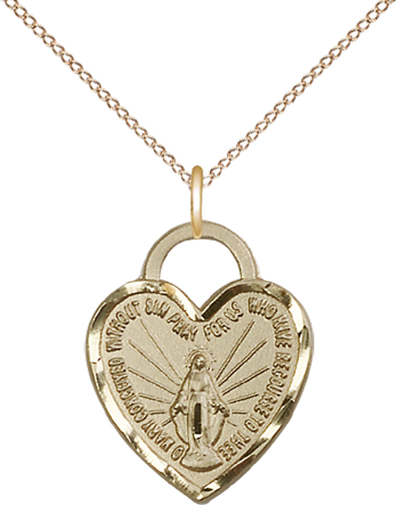 14kt Gold Filled Miraculous Heart Pendant on a 18 inch Gold Filled Light Curb chain