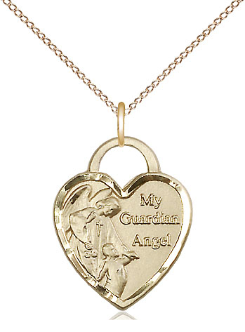 14kt Gold Filled Guardian Angel Heart Pendant on a 18 inch Gold Filled Light Curb chain