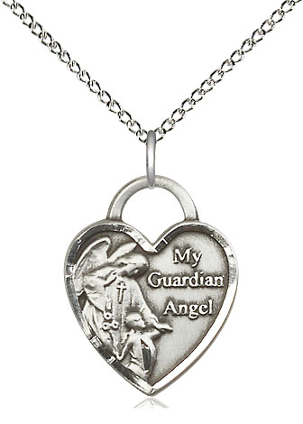 Sterling Silver Guardian Angel Heart Pendant on a 18 inch Sterling Silver Light Curb chain