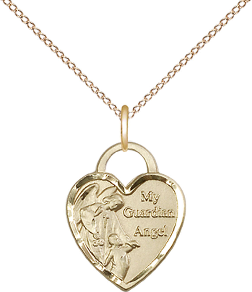 14kt Gold Filled Guardian Angel Heart Pendant on a 18 inch Gold Filled Light Curb chain