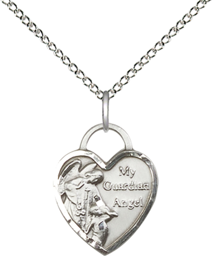 Sterling Silver Guardian Angel Heart Pendant on a 18 inch Sterling Silver Light Curb chain