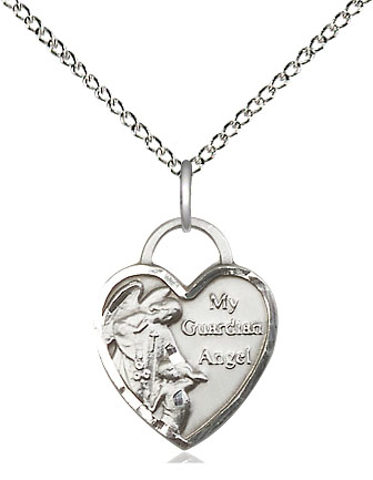 Sterling Silver Guardian Angel Heart Pendant on a 18 inch Sterling Silver Light Curb chain