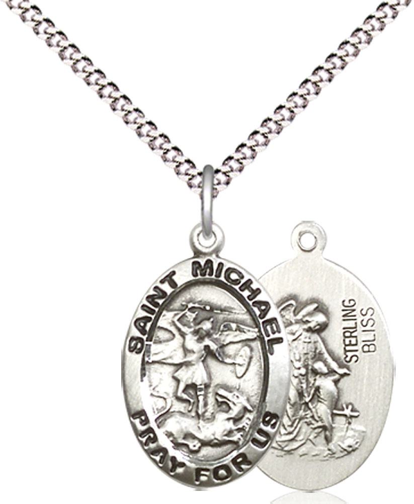 Sterling Silver Saint Michael the Archangel Pendant on a 18 inch Light Rhodium Light Curb chain