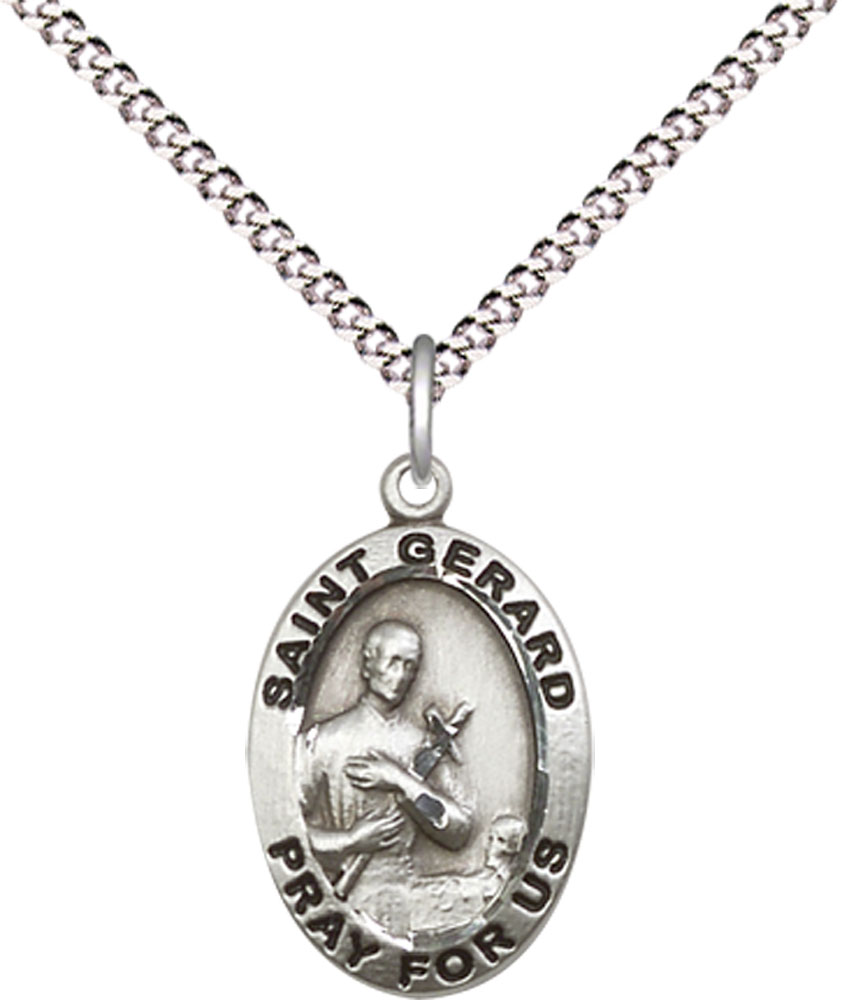Sterling Silver Saint Gerard Majella Pendant on a 18 inch Light Rhodium Light Curb chain