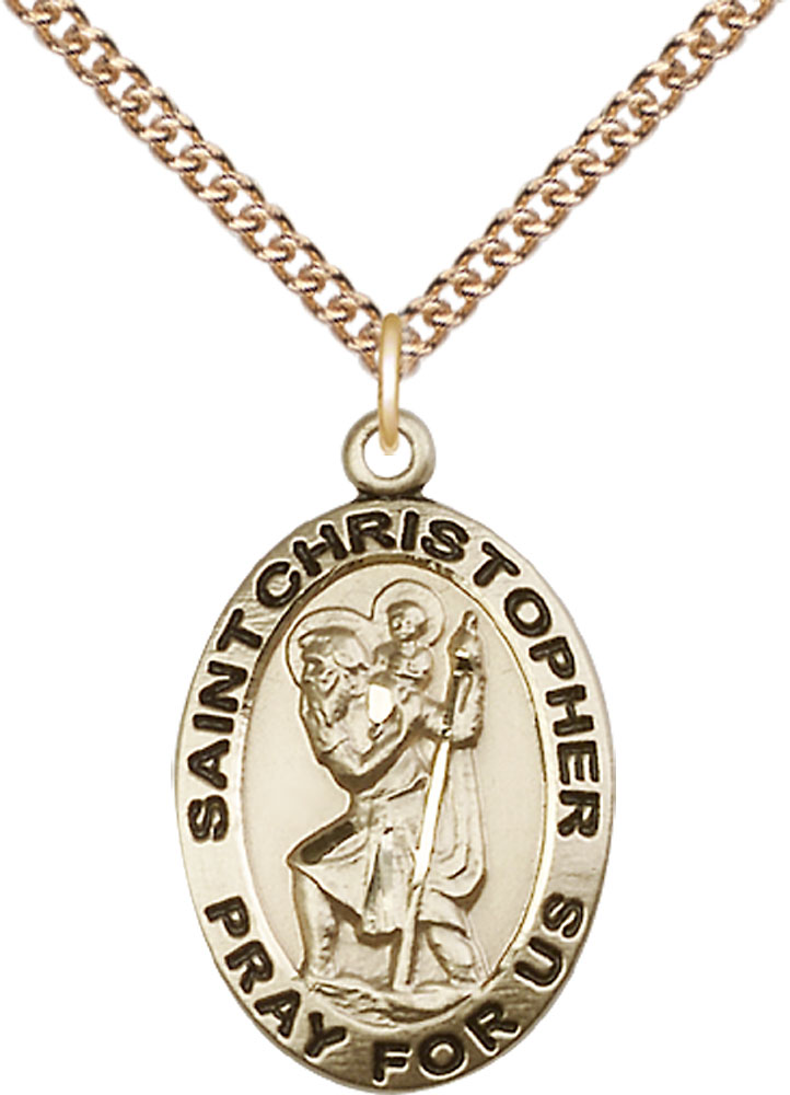 14kt Gold Filled Saint Christopher Pendant on a 24 inch Gold Filled Heavy Curb chain
