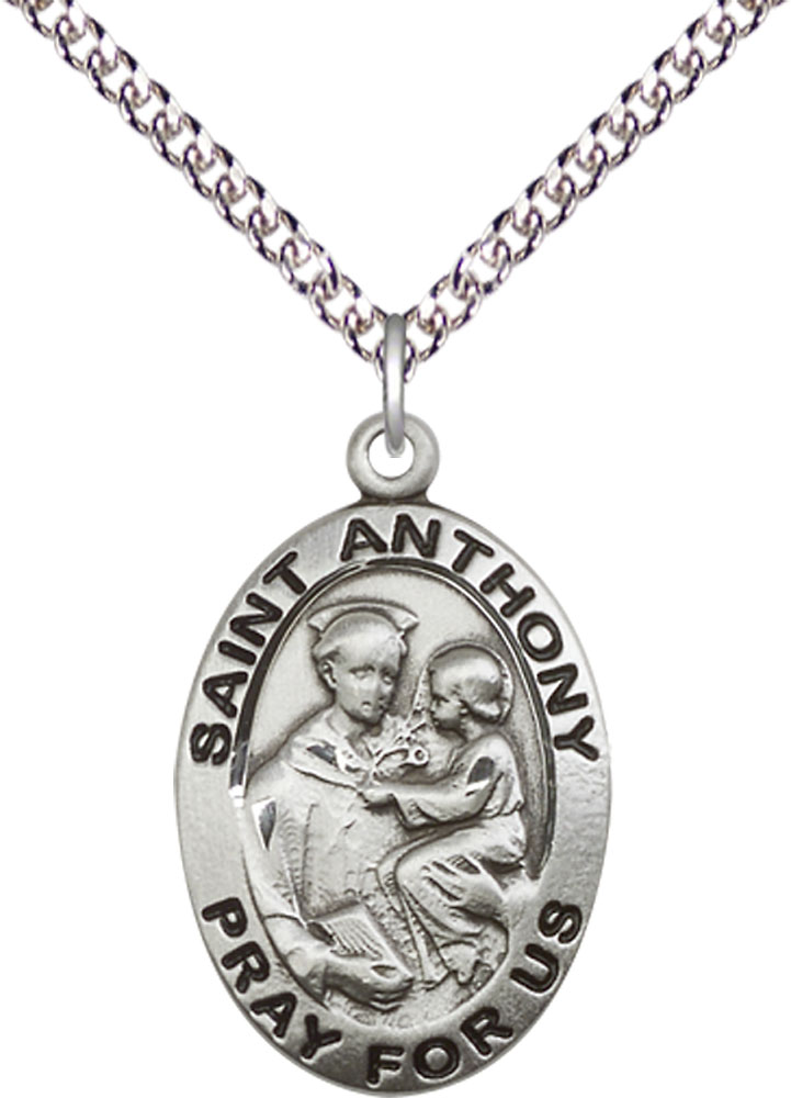 Sterling Silver Saint Anthony of Padua Pendant on a 24 inch Sterling Silver Heavy Curb chain