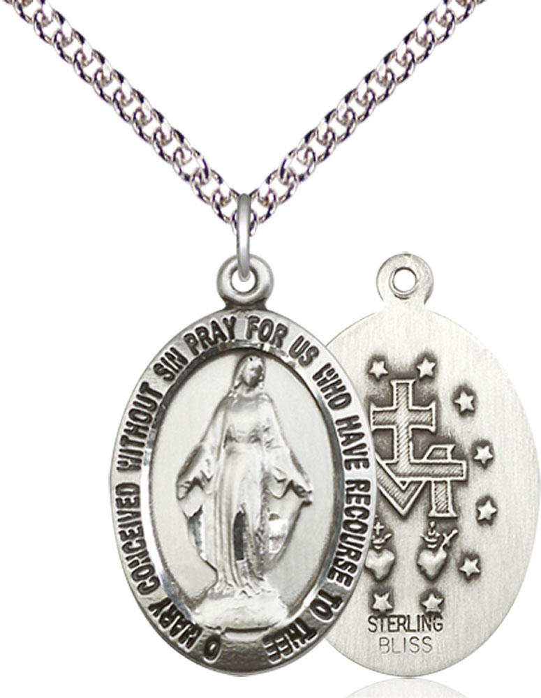 Sterling Silver Miraculous Pendant on a 24 inch Sterling Silver Heavy Curb chain