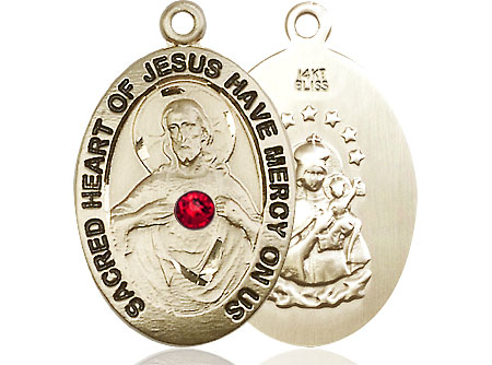 14kt Gold Scapular w/ Ruby Stone Medal with a 3mm Ruby Swarovski stone