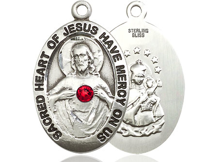 Sterling Silver Scapular w/ Ruby Stone Medal with a 3mm Ruby Swarovski stone
