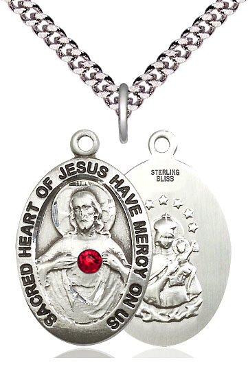 Sterling Silver Scapular w/ Ruby Stone Pendant with a 3mm Ruby Swarovski stone on a 24 inch Light Rhodium Heavy Curb chain