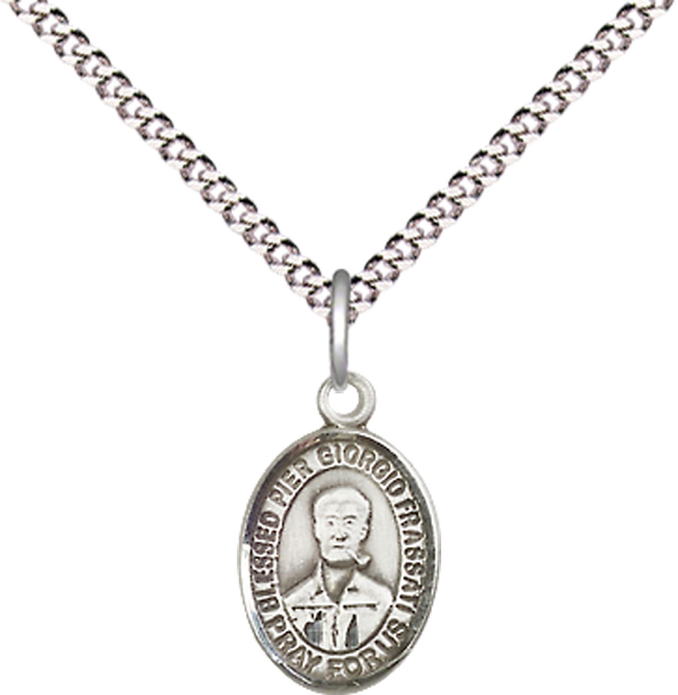 Sterling Silver Blessed Pier Giorgio Frassati Pendant on a 18 inch Light Rhodium Light Curb chain