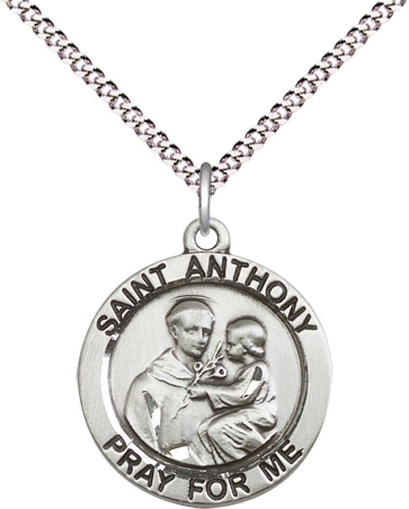 Sterling Silver Saint Anthony of Padua Pendant on a 18 inch Light Rhodium Light Curb chain