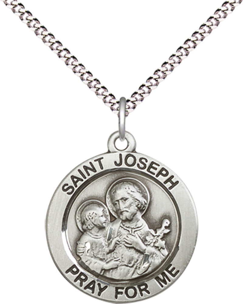 Sterling Silver Saint Joseph Pendant on a 18 inch Light Rhodium Light Curb chain