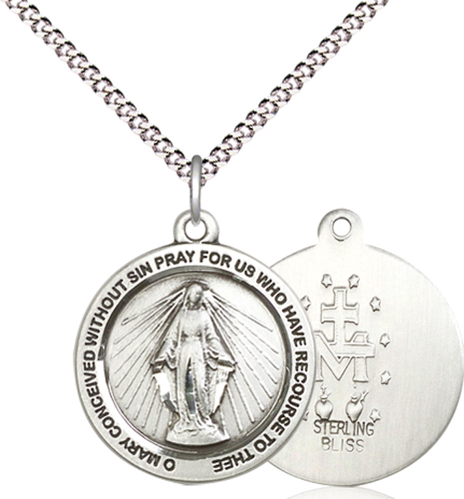 Sterling Silver Miraculous Pendant on a 18 inch Light Rhodium Light Curb chain
