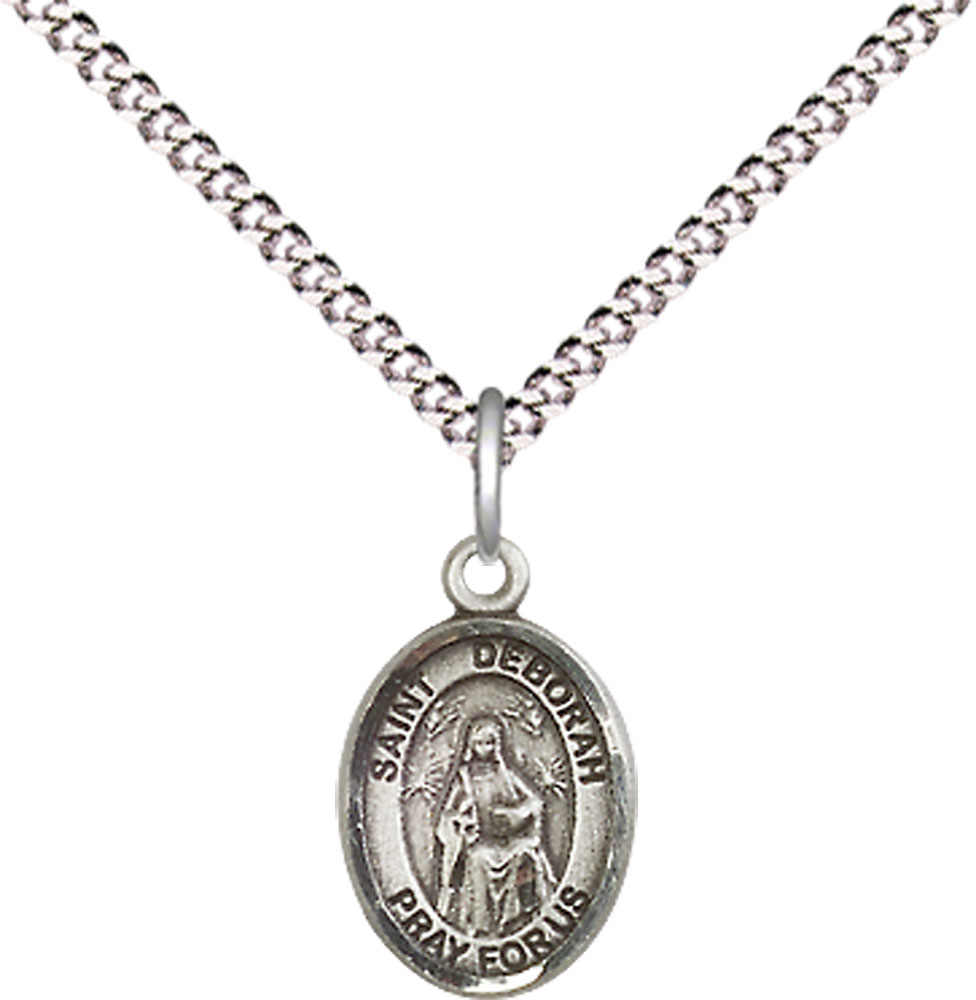 Sterling Silver Saint Deborah Pendant on a 18 inch Light Rhodium Light Curb chain