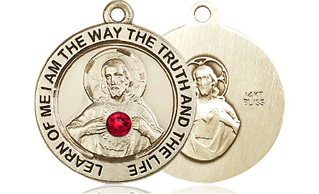 14kt Gold Scapular w/ Ruby Stone Medal with a 3mm Ruby Swarovski stone