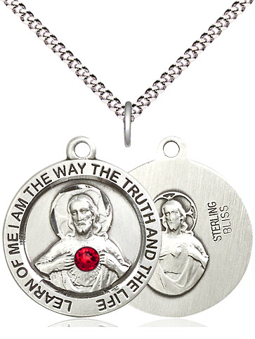 Sterling Silver Scapular w/ Ruby Stone Pendant with a 3mm Ruby Swarovski stone on a 18 inch Light Rhodium Light Curb chain