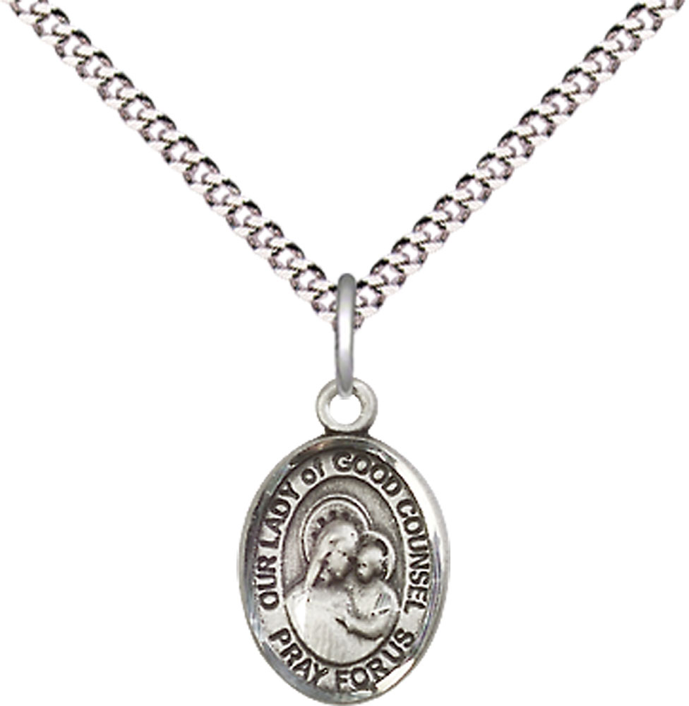 Sterling Silver Our Lady of Good Counsel Pendant on a 18 inch Light Rhodium Light Curb chain