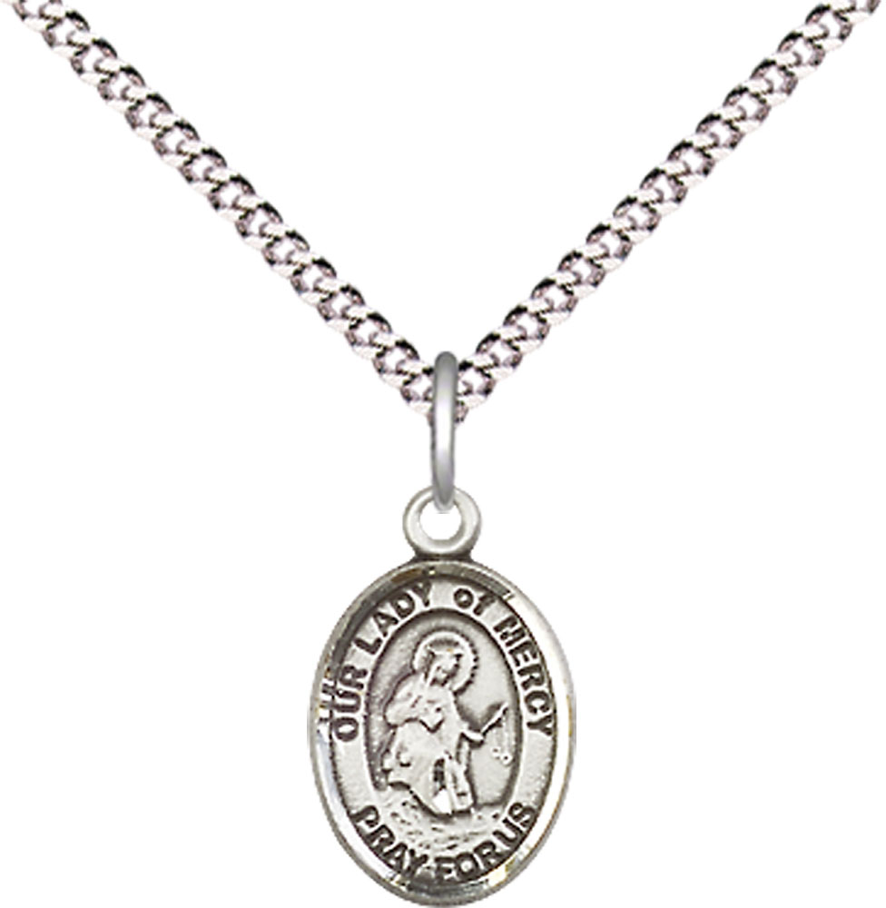 Sterling Silver Our Lady of Mercy Pendant on a 18 inch Light Rhodium Light Curb chain