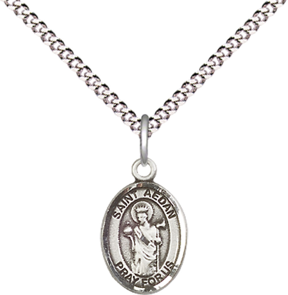 Sterling Silver Saint Aedan of Ferns Pendant on a 18 inch Light Rhodium Light Curb chain