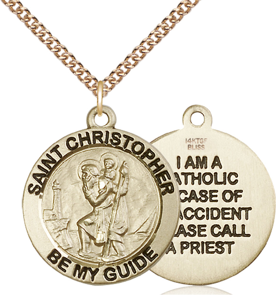 14kt Gold Filled Saint Christopher Pendant on a 24 inch Gold Filled Heavy Curb chain