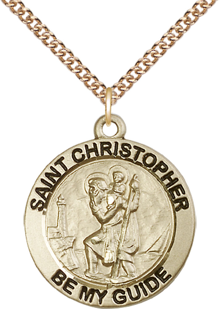 14kt Gold Filled Saint Christopher Pendant on a 24 inch Gold Filled Heavy Curb chain