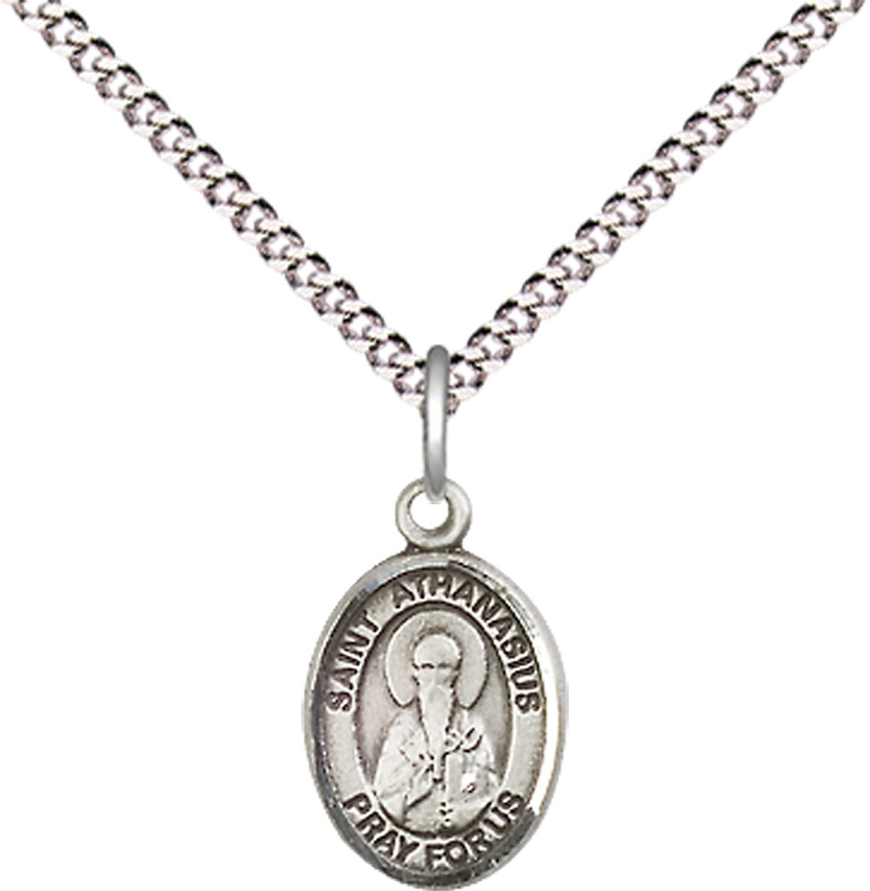 Sterling Silver Saint Athanasius Pendant on a 18 inch Light Rhodium Light Curb chain