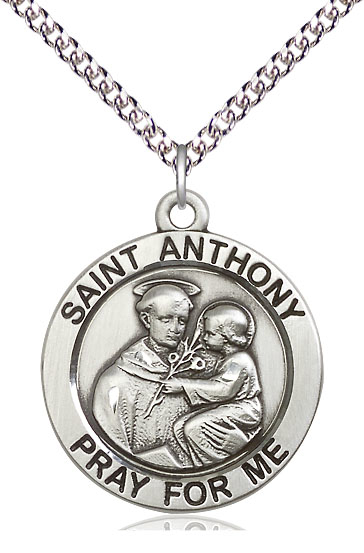 Sterling Silver Saint Anthony Pendant on a 24 inch Sterling Silver Heavy Curb chain