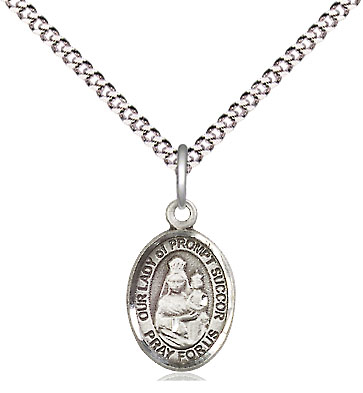 Sterling Silver Our Lady of Prompt Succor Pendant on a 18 inch Light Rhodium Light Curb chain