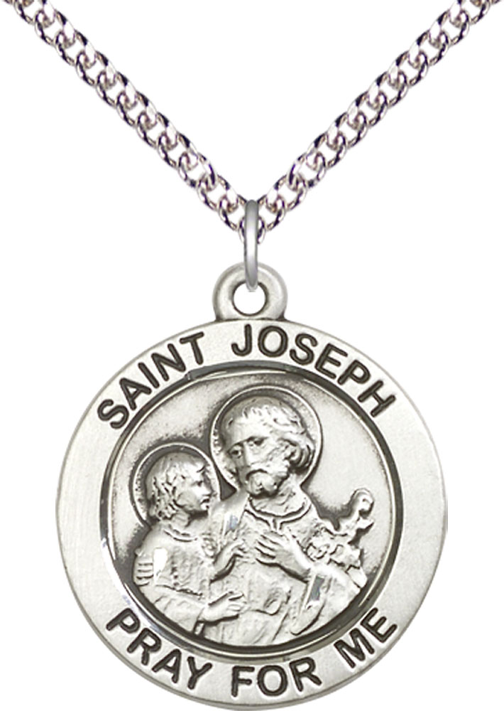 Sterling Silver Saint Joseph Pendant on a 24 inch Sterling Silver Heavy Curb chain