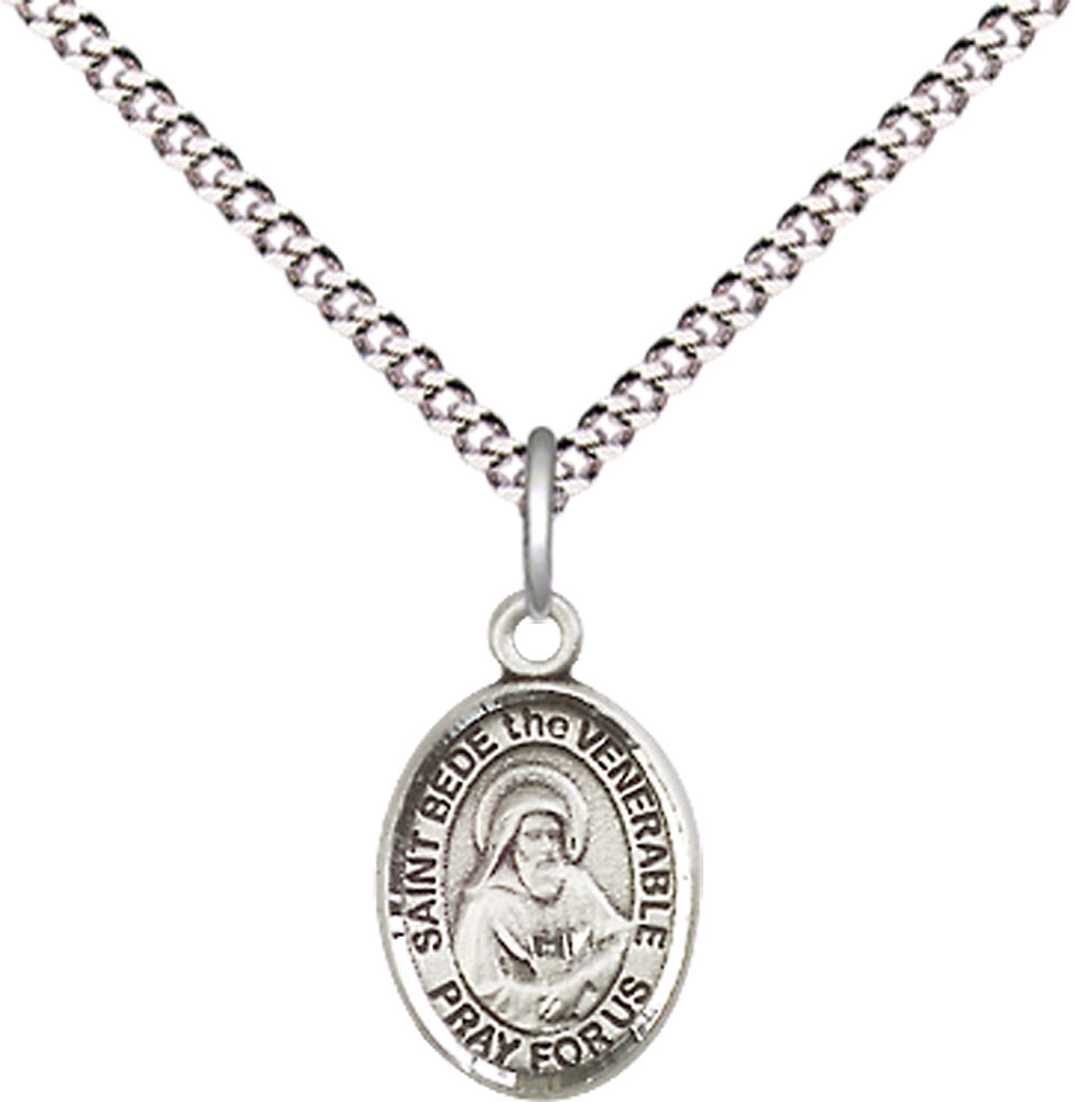 Sterling Silver Saint Bede the Venerable Pendant on a 18 inch Light Rhodium Light Curb chain