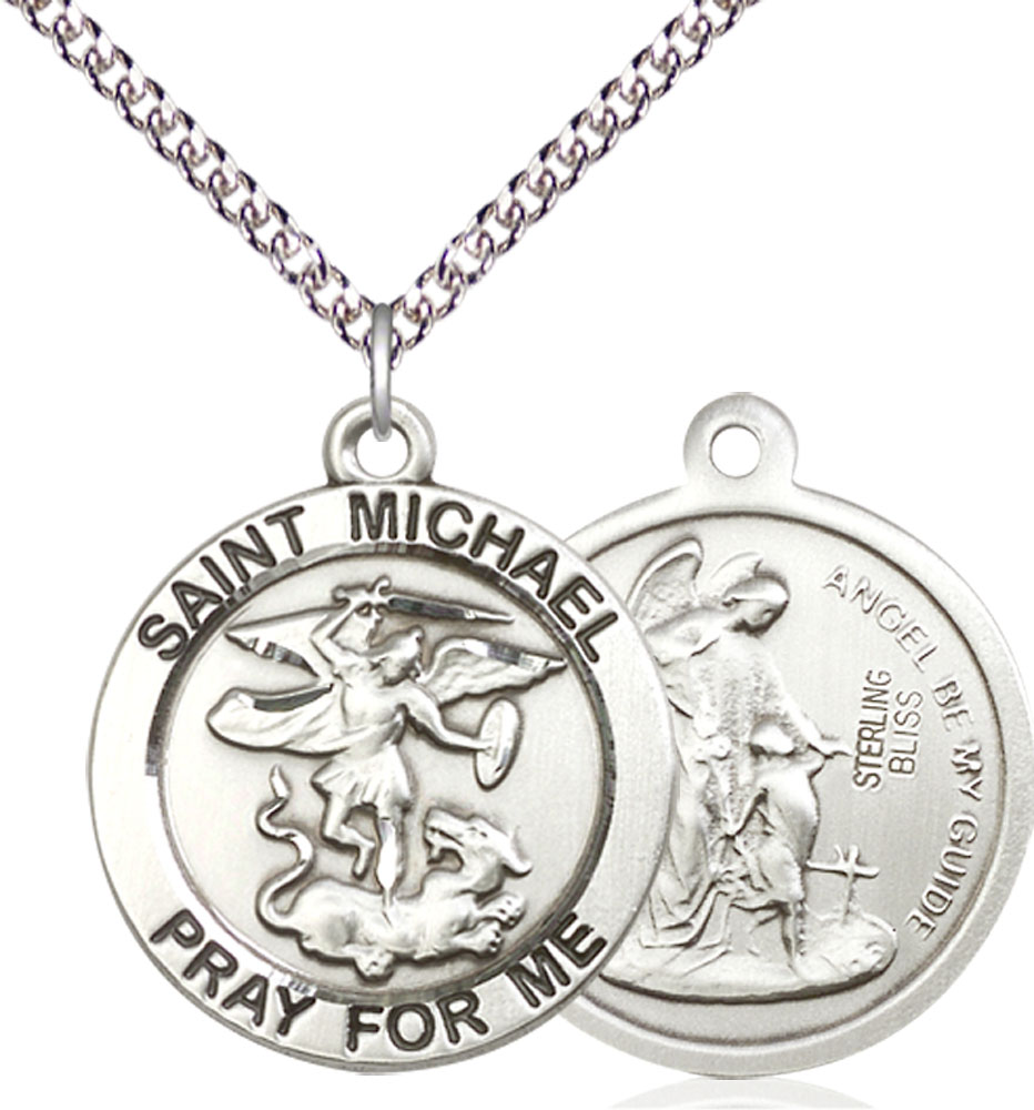 Sterling Silver Saint Michael the Archangel Pendant on a 24 inch Sterling Silver Heavy Curb chain