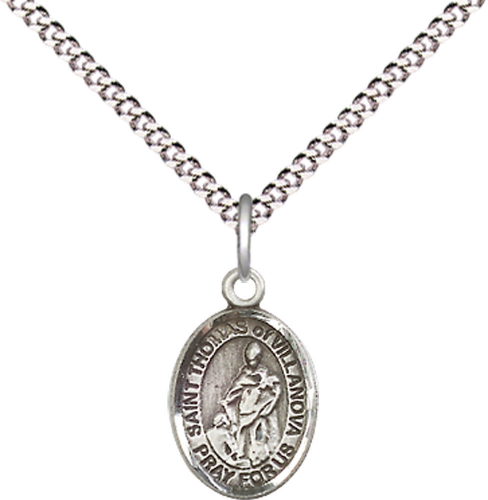 Sterling Silver Saint Thomas of Villanova Pendant on a 18 inch Light Rhodium Light Curb chain