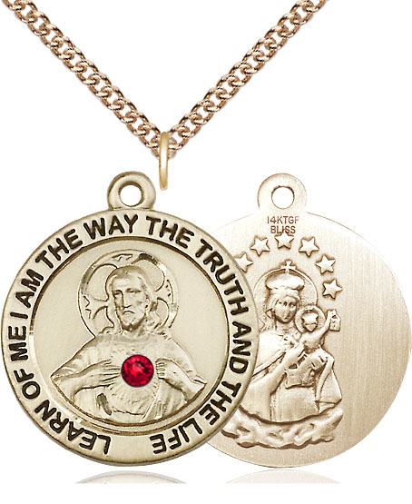 14kt Gold Filled Scapular w/ Ruby Stone Pendant with a 3mm Ruby Swarovski stone on a 24 inch Gold Filled Heavy Curb chain