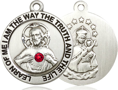 Sterling Silver Scapular w/ Ruby Stone Medal with a 3mm Ruby Swarovski stone