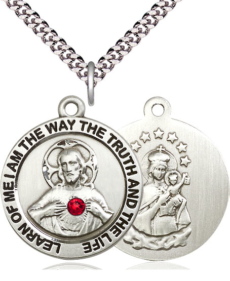 Sterling Silver Scapular w/ Ruby Stone Pendant with a 3mm Ruby Swarovski stone on a 24 inch Light Rhodium Heavy Curb chain