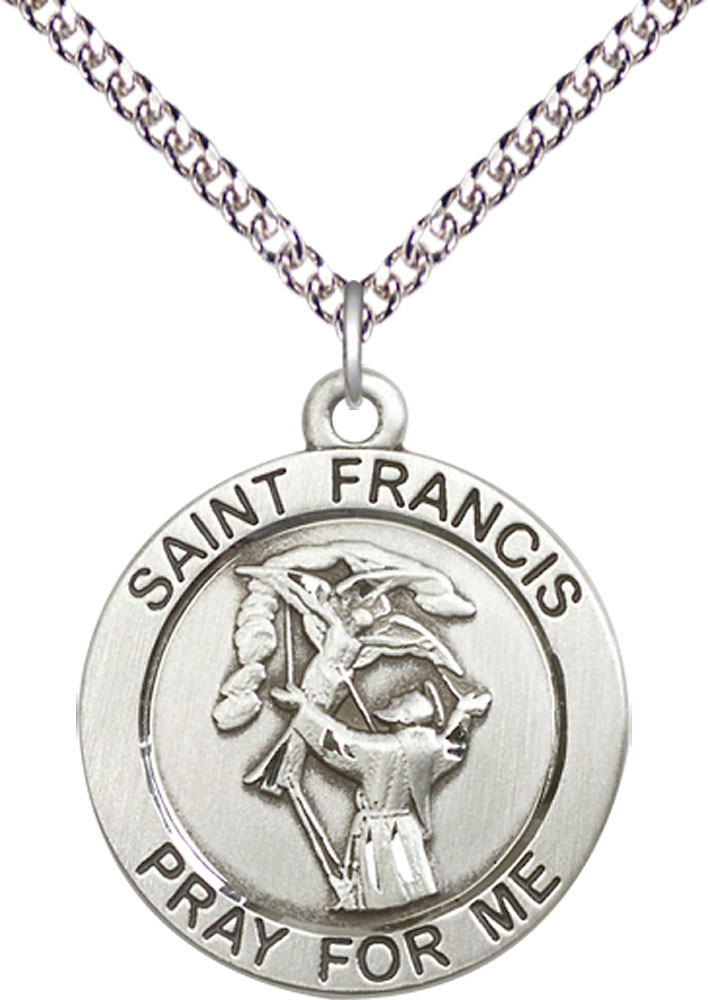 Sterling Silver Saint Francis of Assisi Pendant on a 24 inch Sterling Silver Heavy Curb chain