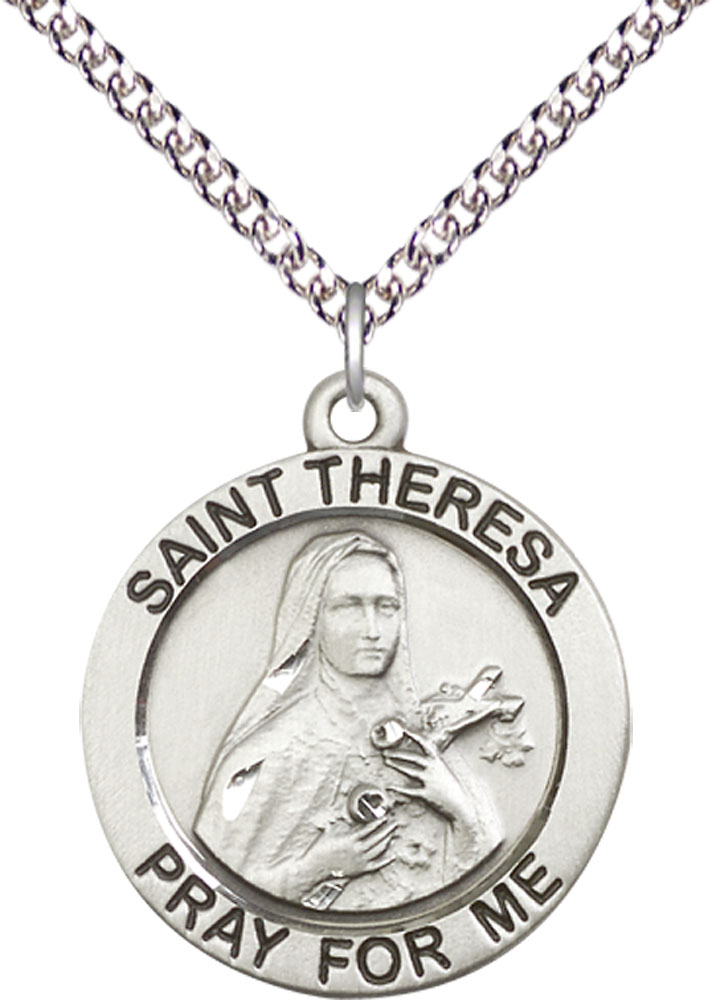 Sterling Silver Saint Theresa Pendant on a 24 inch Sterling Silver Heavy Curb chain