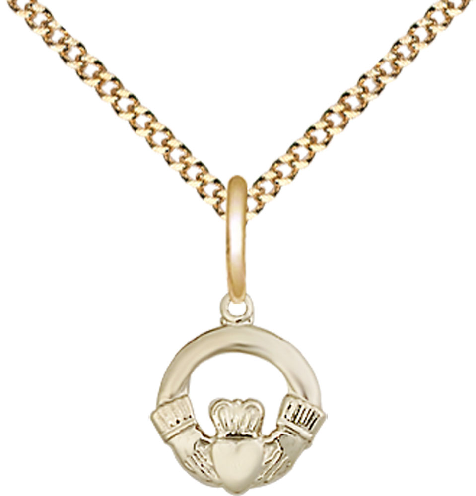 14kt Gold Filled Claddagh Pendant on a 18 inch Gold Plate Light Curb chain