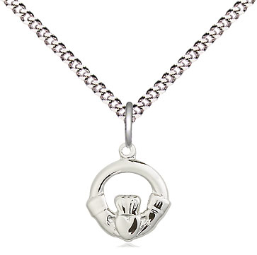 Sterling Silver Claddagh Pendant on a 18 inch Light Rhodium Light Curb chain