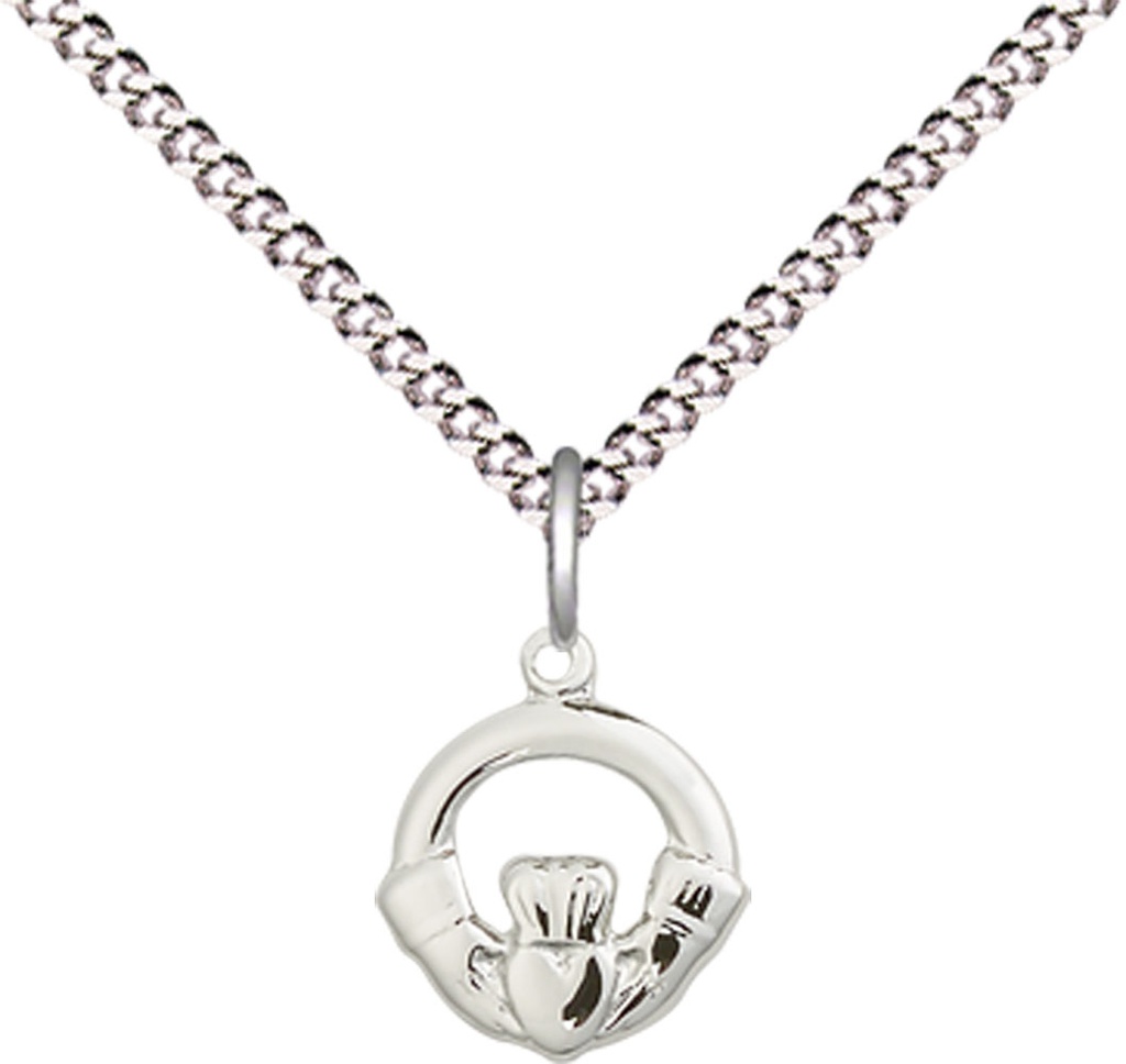 Sterling Silver Claddagh Pendant on a 18 inch Light Rhodium Light Curb chain