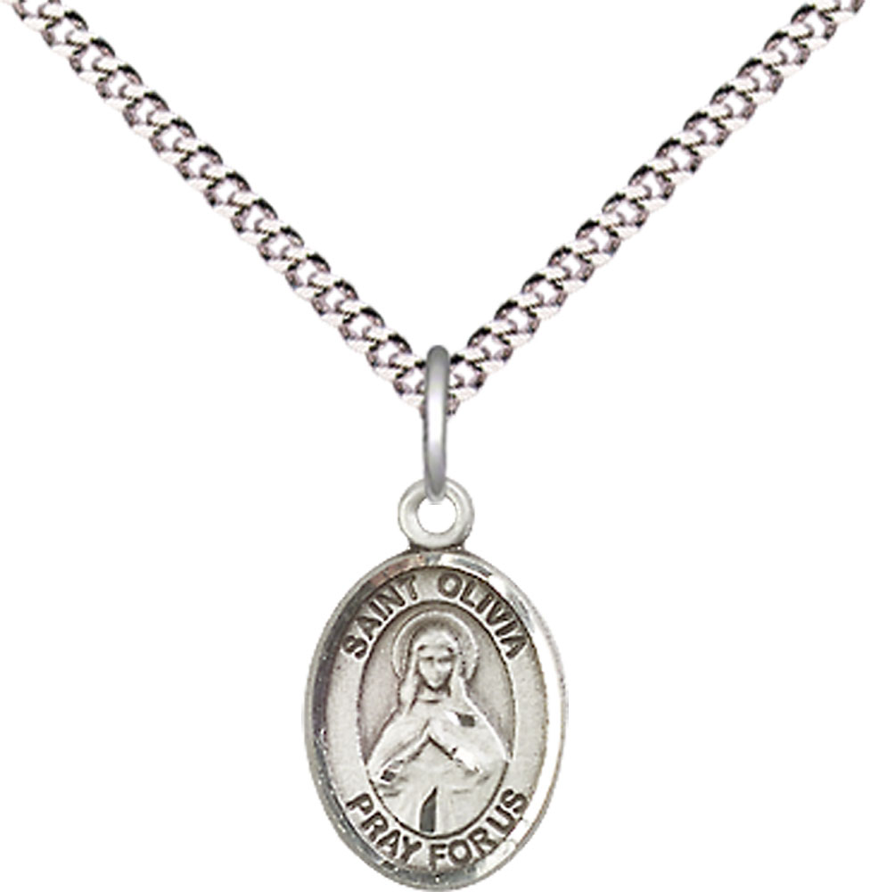 Sterling Silver Saint Olivia Pendant on a 18 inch Light Rhodium Light Curb chain