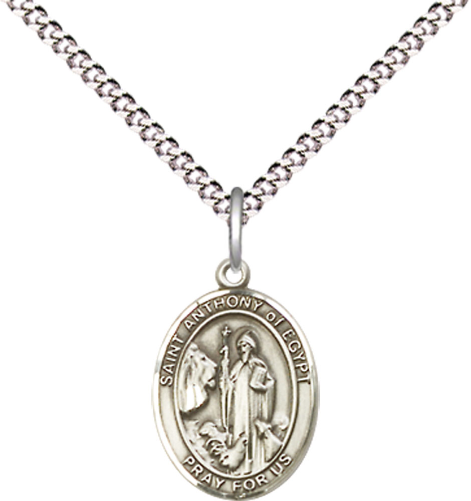 Sterling Silver Saint Anthony of Egypt Pendant on a 18 inch Light Rhodium Light Curb chain