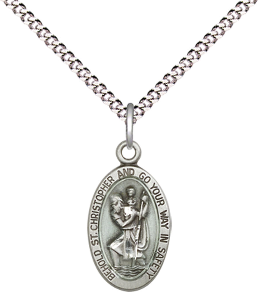 Sterling Silver Saint Christopher Pendant on a 18 inch Light Rhodium Light Curb chain