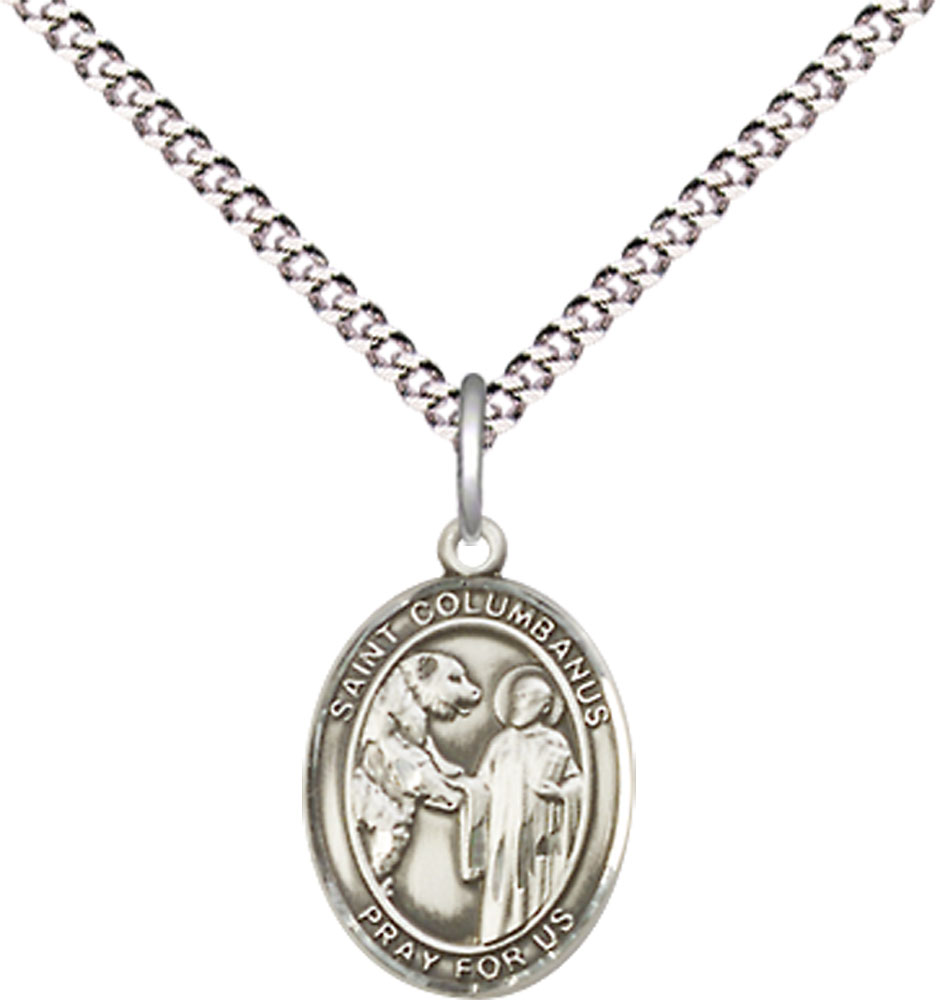 Sterling Silver Saint Columbanus Pendant on a 18 inch Light Rhodium Light Curb chain