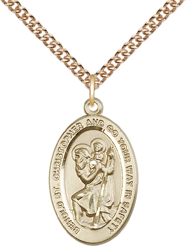 14kt Gold Filled Saint Christopher Pendant on a 24 inch Gold Filled Heavy Curb chain